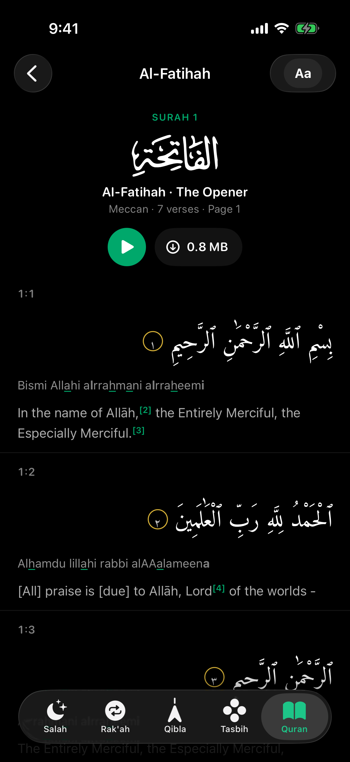 Ar-Rayyan Quran reader showing Surah Al-Fatihah with transliteration and translation