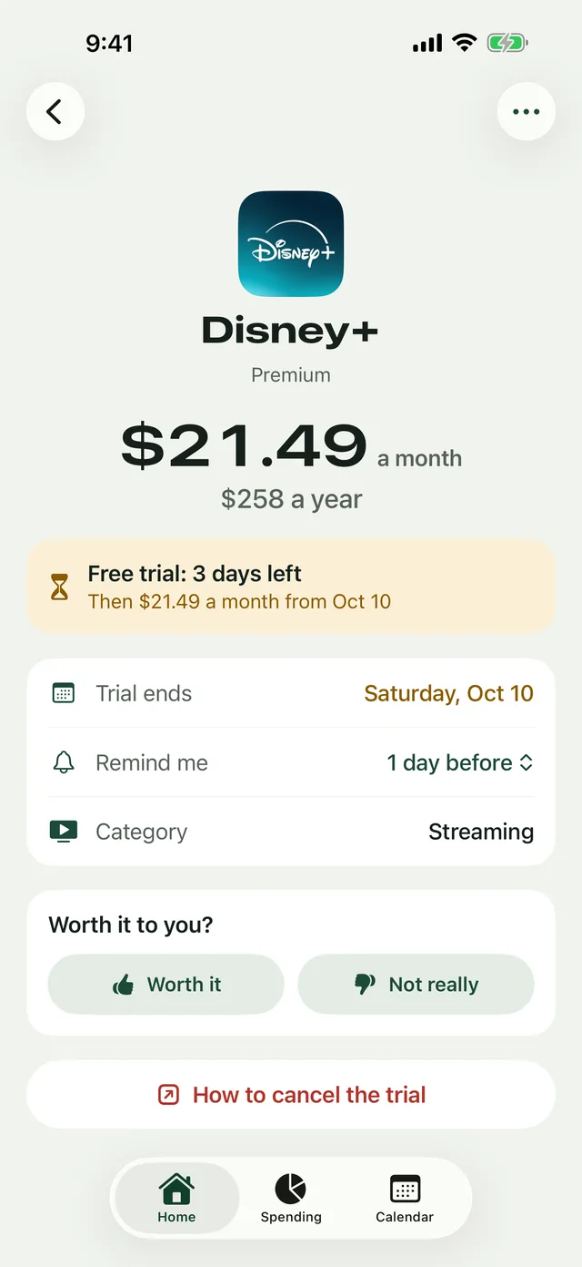 Disney+ in Paydar: free trial, 3 days left, then $21.49 a month from October 10, with a button for how to cancel the trial.