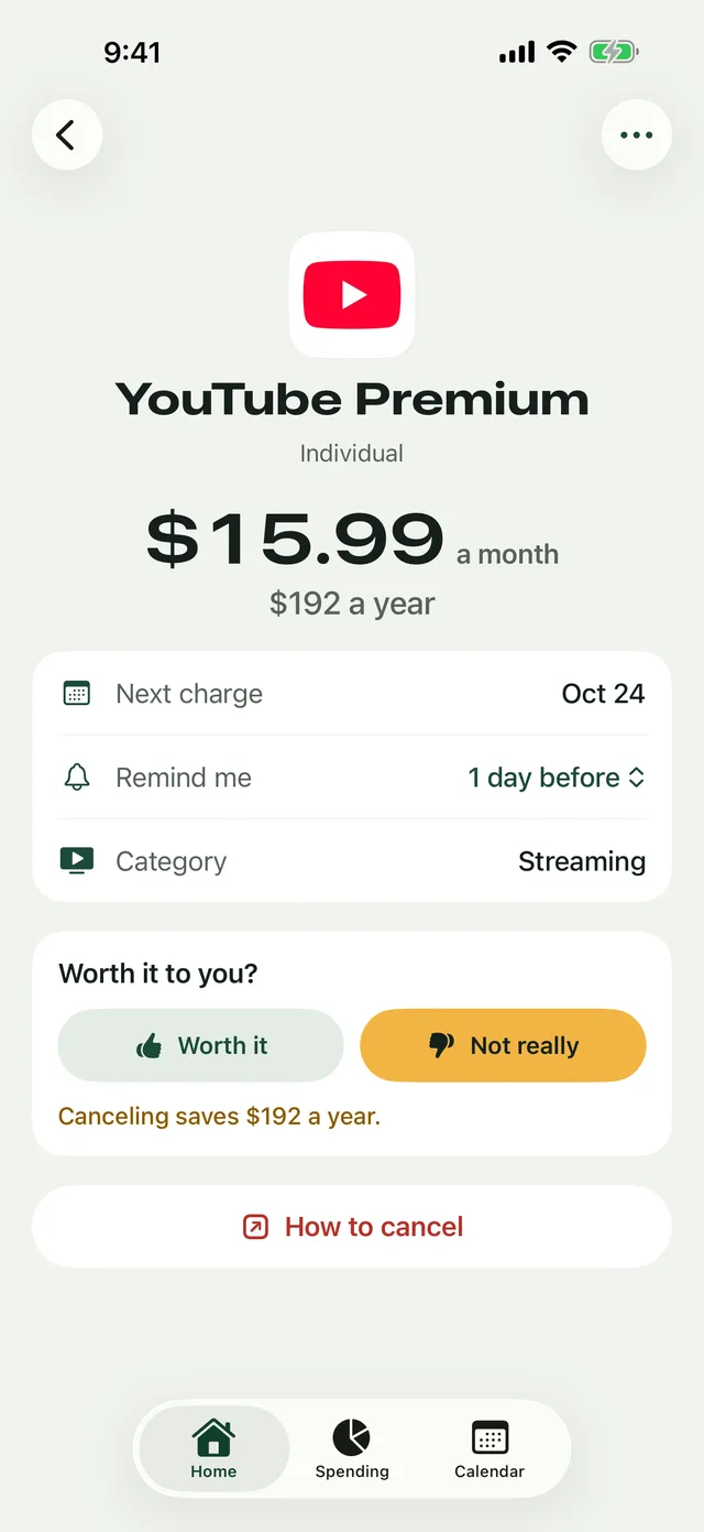 YouTube Premium in Paydar marked Not really: canceling saves $192 a year, with a How to cancel button.