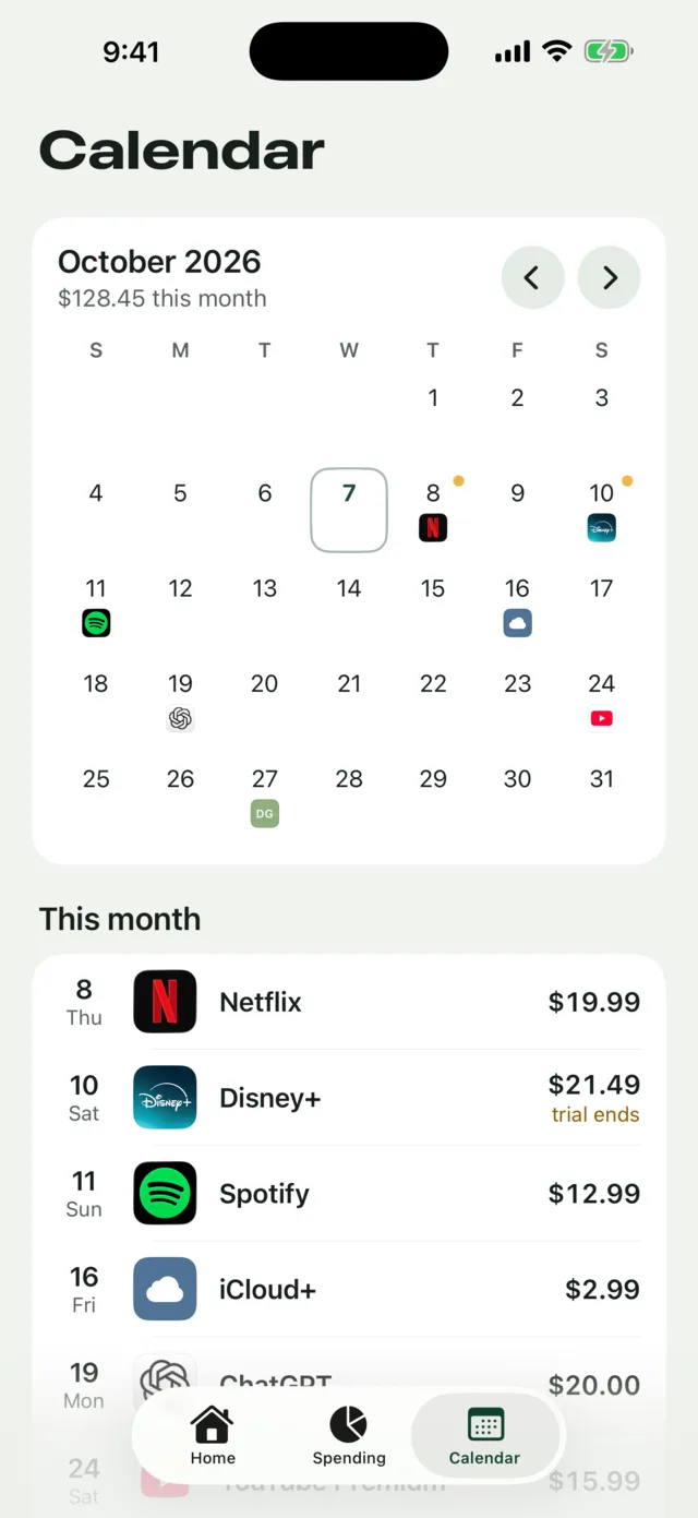 Paydar's calendar for October 2026, with a logo on every charge day and this month's charges listed underneath.